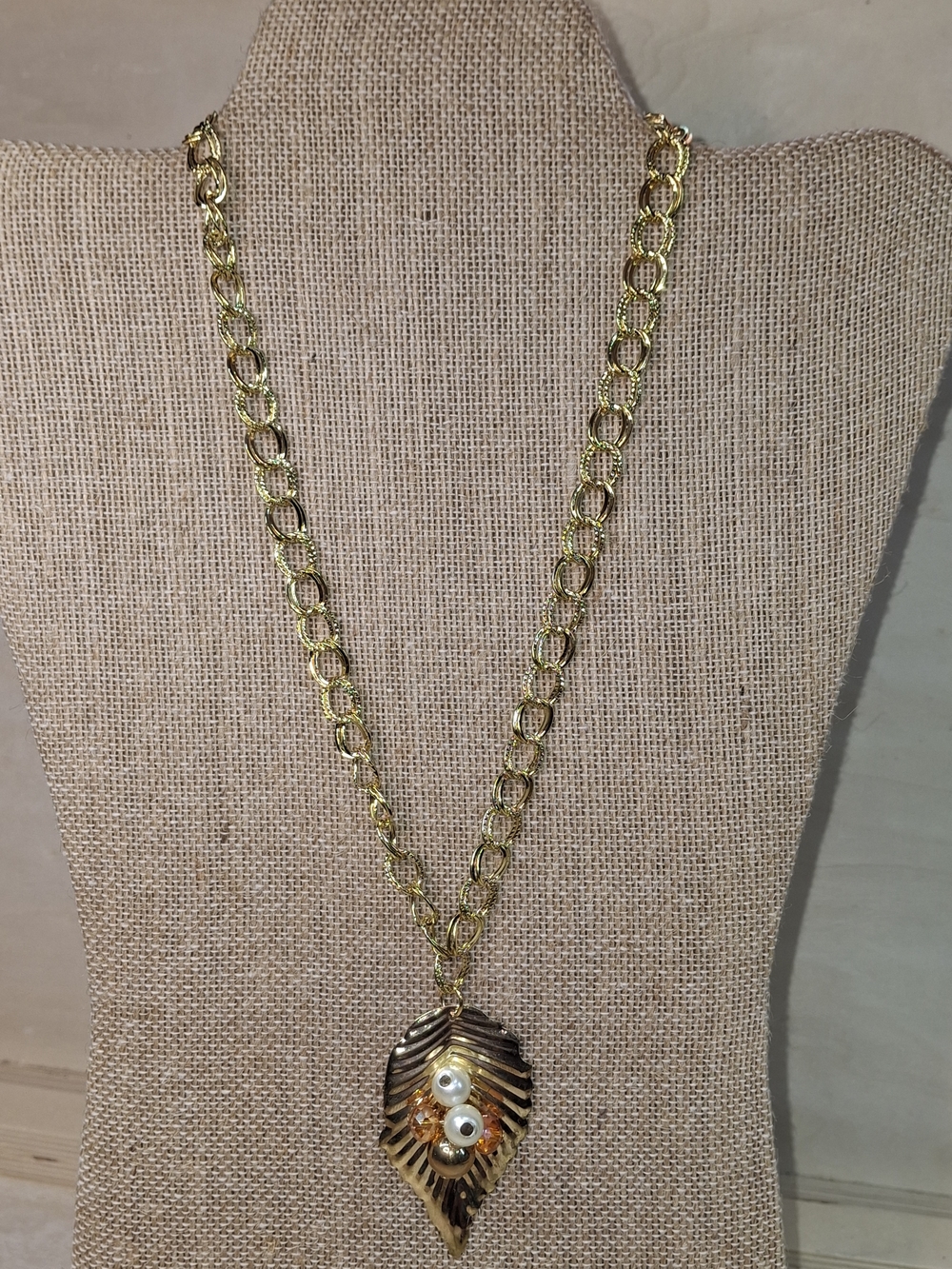 Gold Leaf Pendant Necklace with Pearl Accents - Women Jewelry